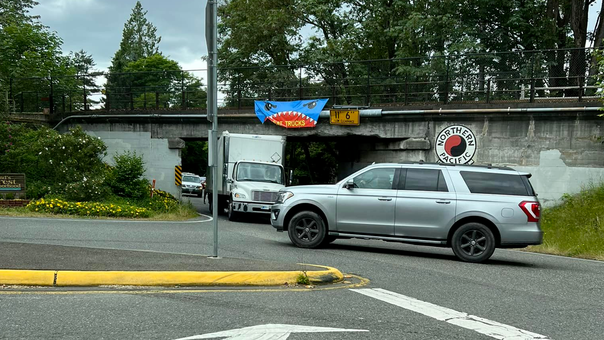 The pedestrian rails to trail bridge in Kirkland Washington that goes over Kirkland Avenue, and has a banner of eyes and an open mouth with the words I eat trucks with a panel truck stuck under the bridge
