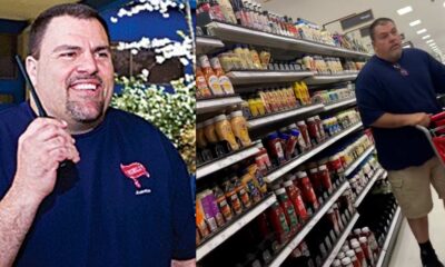 A split screen photo of Jeff Leiwis, a former Juanita High School security guard. On the left is Lewis in 2012 when he worked for the school, he is wearing a dark blue shirt and holding a walkie talkie smiling. On the right is Lewis in 2022 in Target in the condiment aisle, pushing a shopping cart wearing a dark blue t-shirt