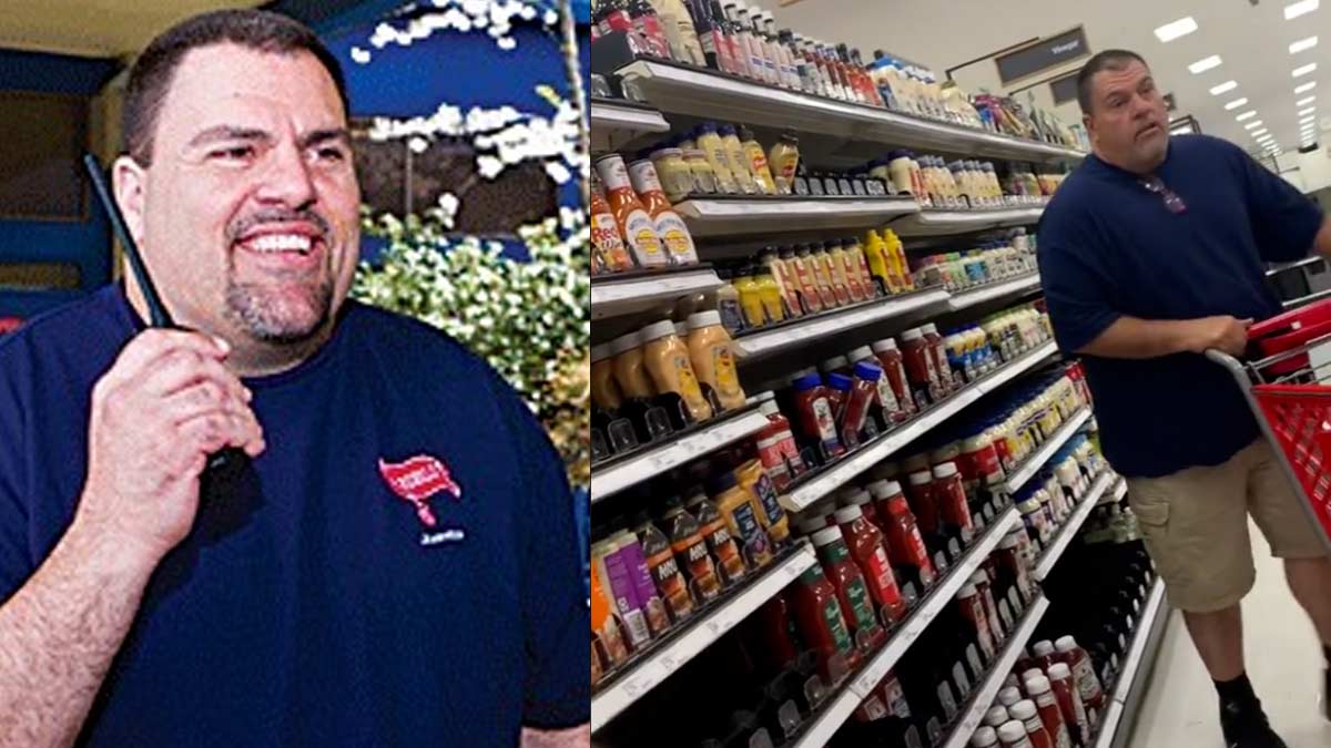 A split screen photo of Jeff Leiwis, a former Juanita High School security guard. On the left is Lewis in 2012 when he worked for the school, he is wearing a dark blue shirt and holding a walkie talkie smiling. On the right is Lewis in 2022 in Target in the condiment aisle, pushing a shopping cart wearing a dark blue t-shirt