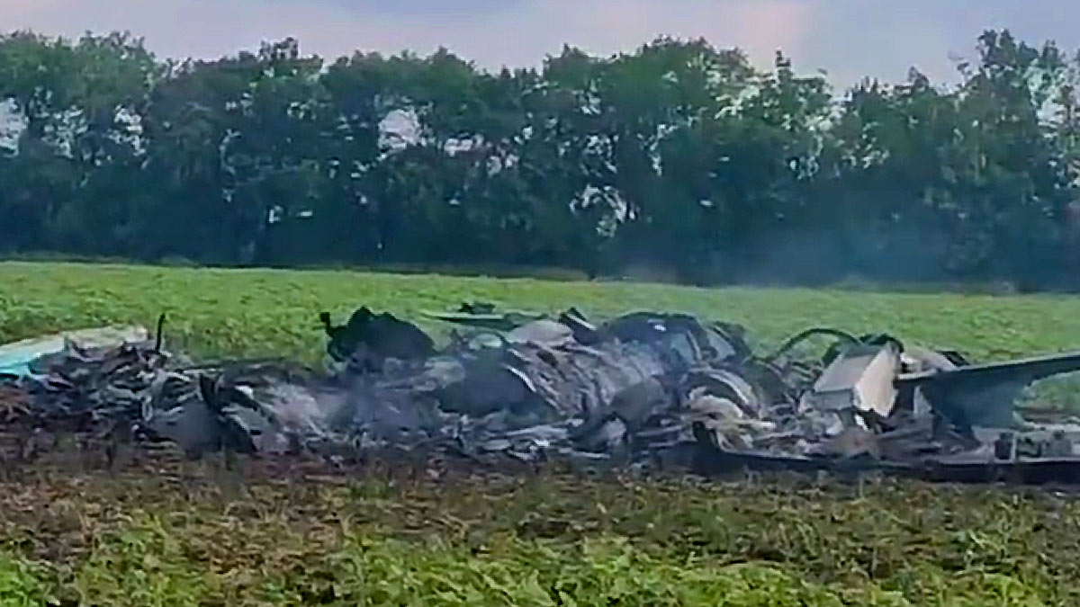 In the foreground is the shattered and smoking remains of a Russian Air Force Su-34. It is unrecognizable as an aircraft, reduced to twisted metal. It sits in a field of crops, that are green with broad leaves and about knee high. In the background is a row of lush trees on the edge of the field, the sky is cloudy.