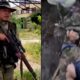 On the left, is a photo of a mercenary with PMC Wagner Group who is accused of torture a Ukrainian POW, on the right is a frame from the torture video showing a bound and restrained Ukrainian soldier with his pants cut away and underwear exposed