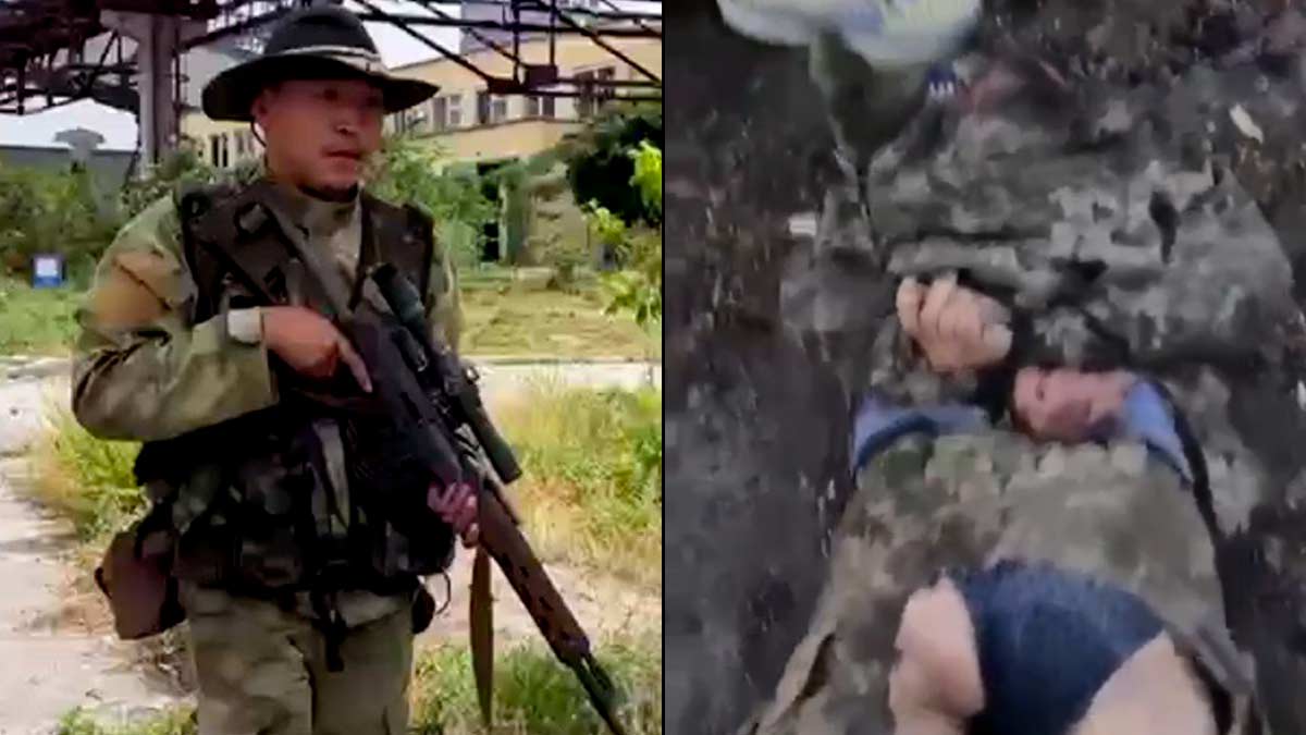 On the left, is a photo of a mercenary with PMC Wagner Group who is accused of torture a Ukrainian POW, on the right is a frame from the torture video showing a bound and restrained Ukrainian soldier with his pants cut away and underwear exposed