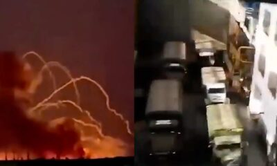 Split image picture - picture on left shows ammunition depot exploding in Russia at night, large orange glow with rockets flying from the fire - picture on the right show Russian military vehicles and ammunition stored in the Zaporizhzhia Nuclear Power Plant