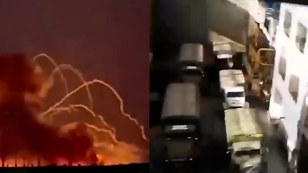 Split image picture - picture on left shows ammunition depot exploding in Russia at night, large orange glow with rockets flying from the fire - picture on the right show Russian military vehicles and ammunition stored in the Zaporizhzhia Nuclear Power Plant