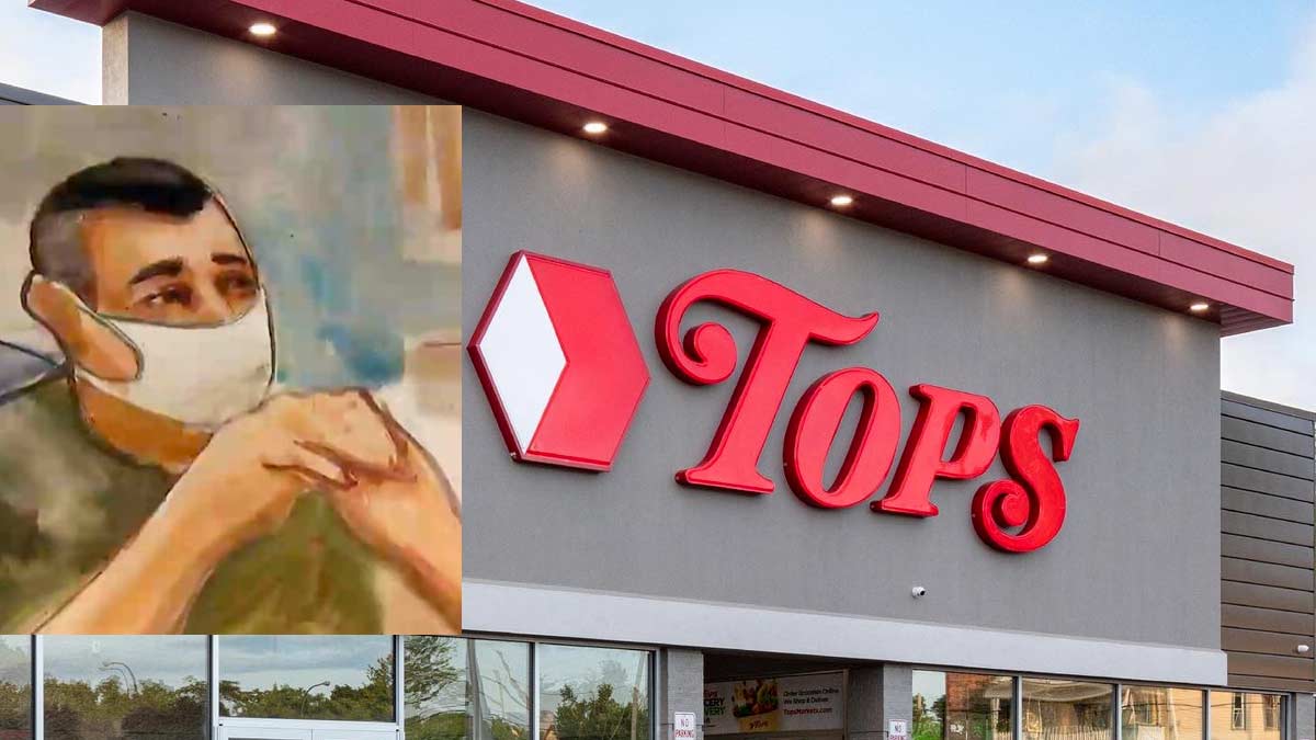 A courtroom sketch of Joey David George, 37, a man wearing a olive drag b-shirt, a white mask, with a short hair cut of dark hair is superimposed over of the storefront for Tops Friendly Foods in Buffalo, New York on Jefferson Avenue