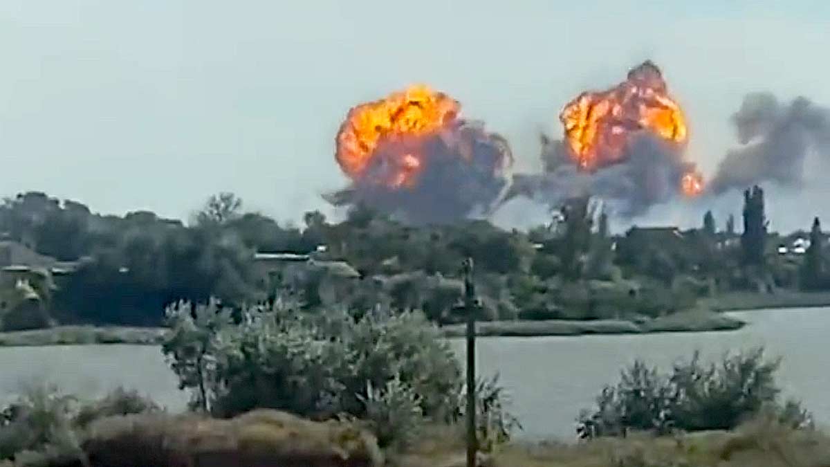 August 9, 2022 - Still image from a video showing explosions at Saky air field in Russia-occupied Novofedorivka, Crimea
