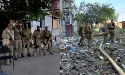 A split scene photo - on the left shows members of the PMC Wagner Group in uniform, posing outside of their headquarters building in Russia-occupied Popasna - on the right shows Wagner Group mercenaries removing the wounded from their headquarters after a HIMARS rocket attack