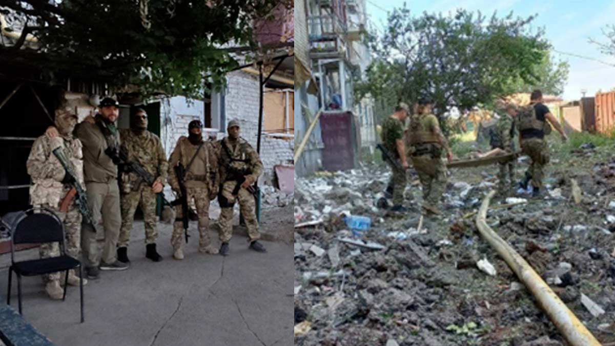 A split scene photo - on the left shows members of the PMC Wagner Group in uniform, posing outside of their headquarters building in Russia-occupied Popasna - on the right shows Wagner Group mercenaries removing the wounded from their headquarters after a HIMARS rocket attack