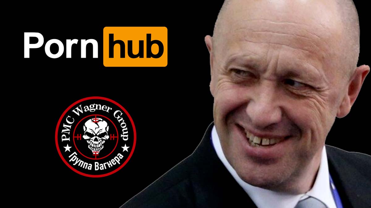 A photo collage of the Pornhub and PMC Wagner Group logos and PMC Wagner leader Prigozhin