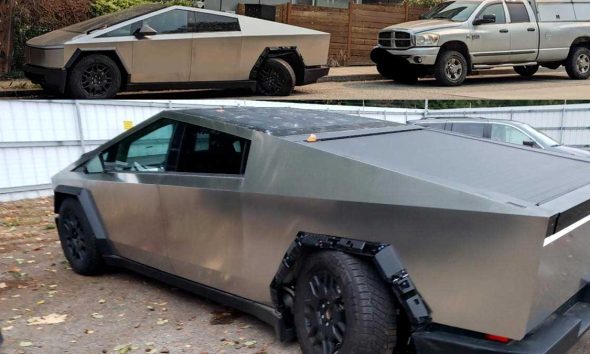 Top photo shows Seattle's Tesla Cybertruck dubbed Cyberstuck and the bottom photo shows the truck in a junkyard