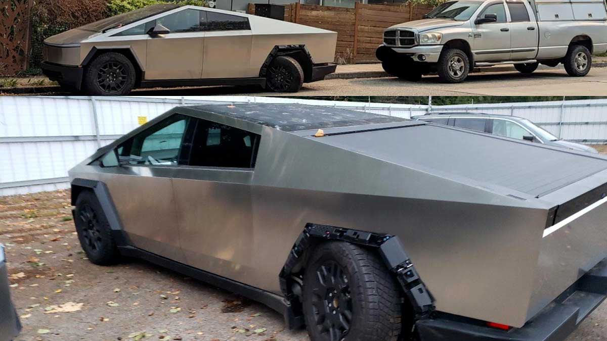 Top photo shows Seattle's Tesla Cybertruck dubbed Cyberstuck and the bottom photo shows the truck in a junkyard