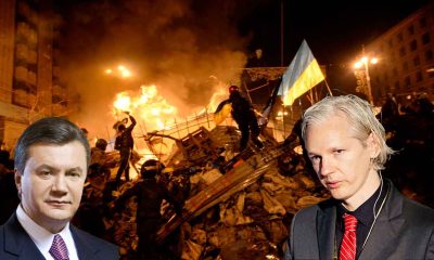 A collage showing the Maidan in Ukraine in February 2014 with Julian Assange and Viktor Yanukovych superimposed