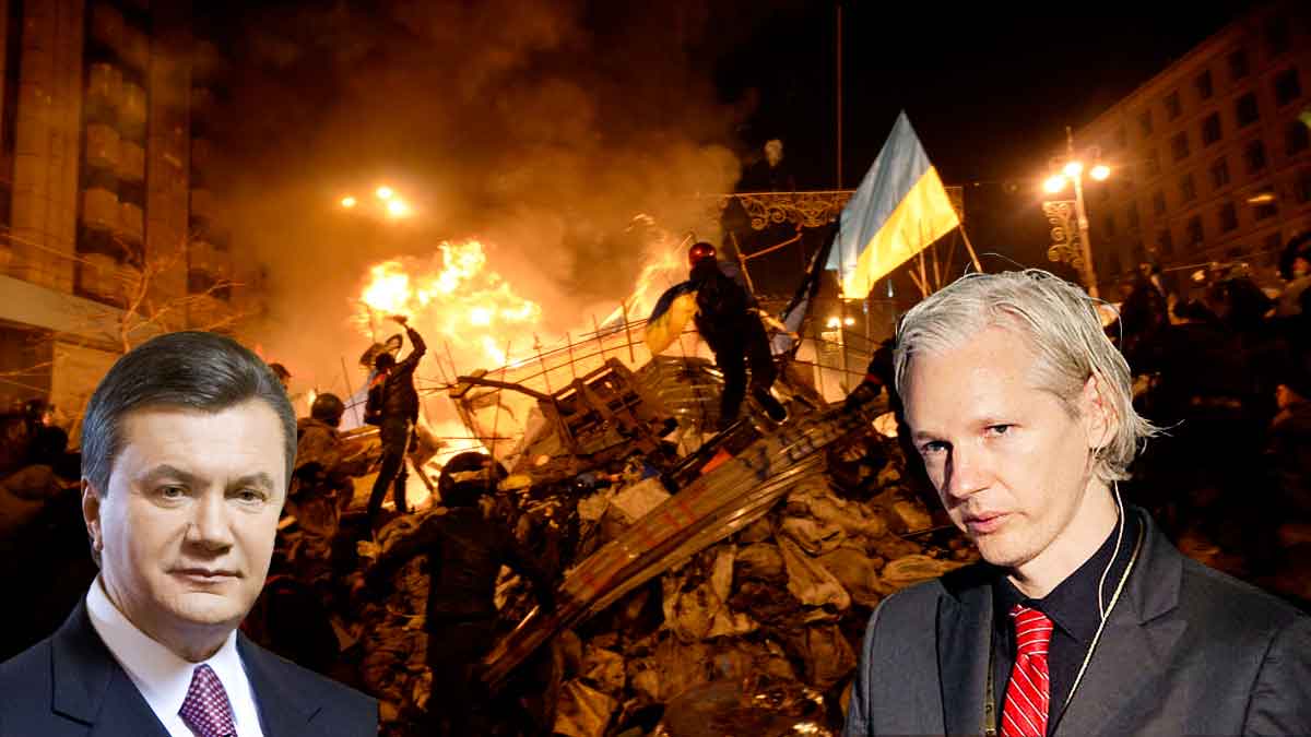 A collage showing the Maidan in Ukraine in February 2014 with Julian Assange and Viktor Yanukovych superimposed