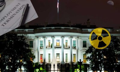 collage of the white house, radiation symbol and you're terminated memo