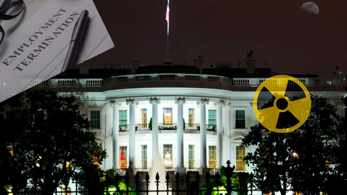 collage of the white house, radiation symbol and you're terminated memo