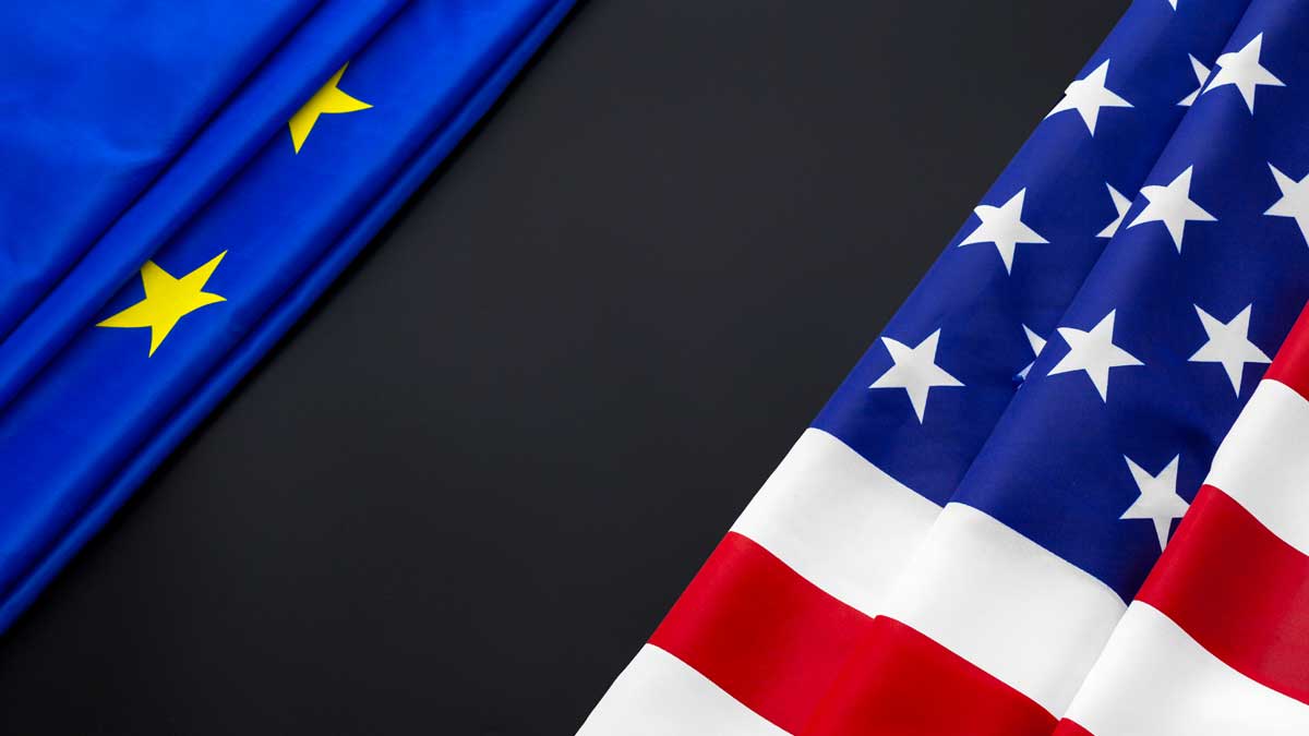 european union and united states flag with a large black area between