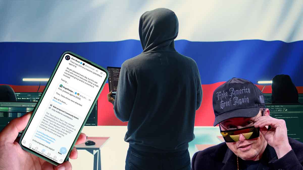 A collage of Russian hackers, a cellphone showing Twitter, and Elon Musk.