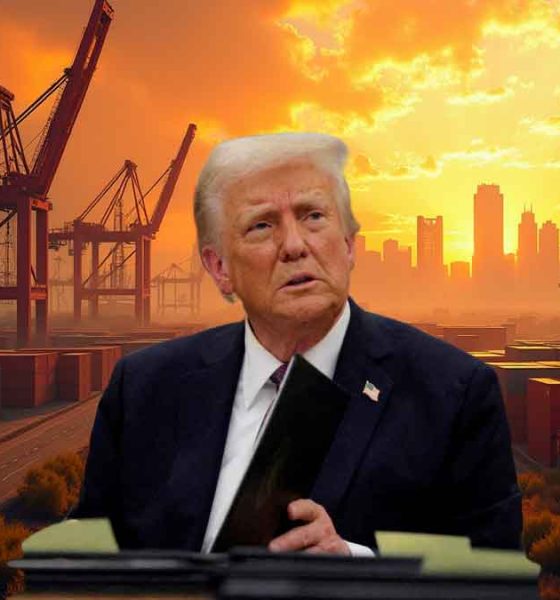 President Donald Trump set on an AI generated background of a port and distant city all in deep orange