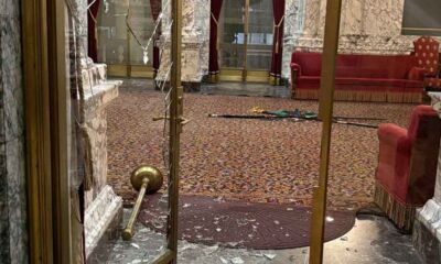 Smashed doors and other vandalism at the Washington State Capitol building in Olympia, Washington.
