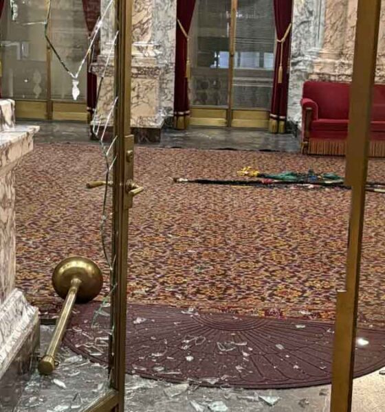 Smashed doors and other vandalism at the Washington State Capitol building in Olympia, Washington.