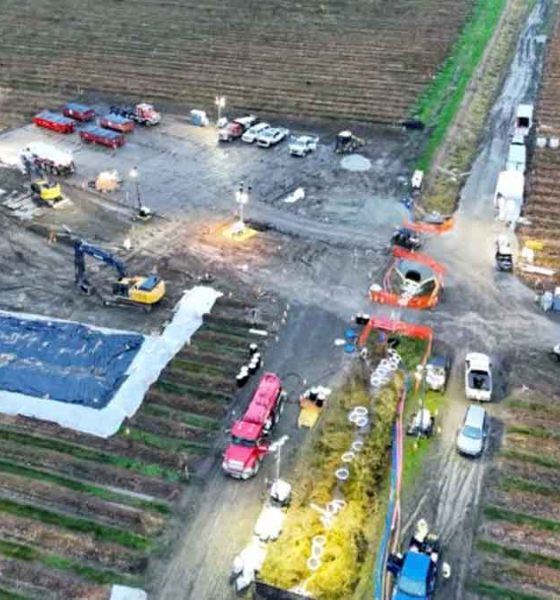 Drone view of BP repairing Olympic Pipeline in a Washington state blueberry field
