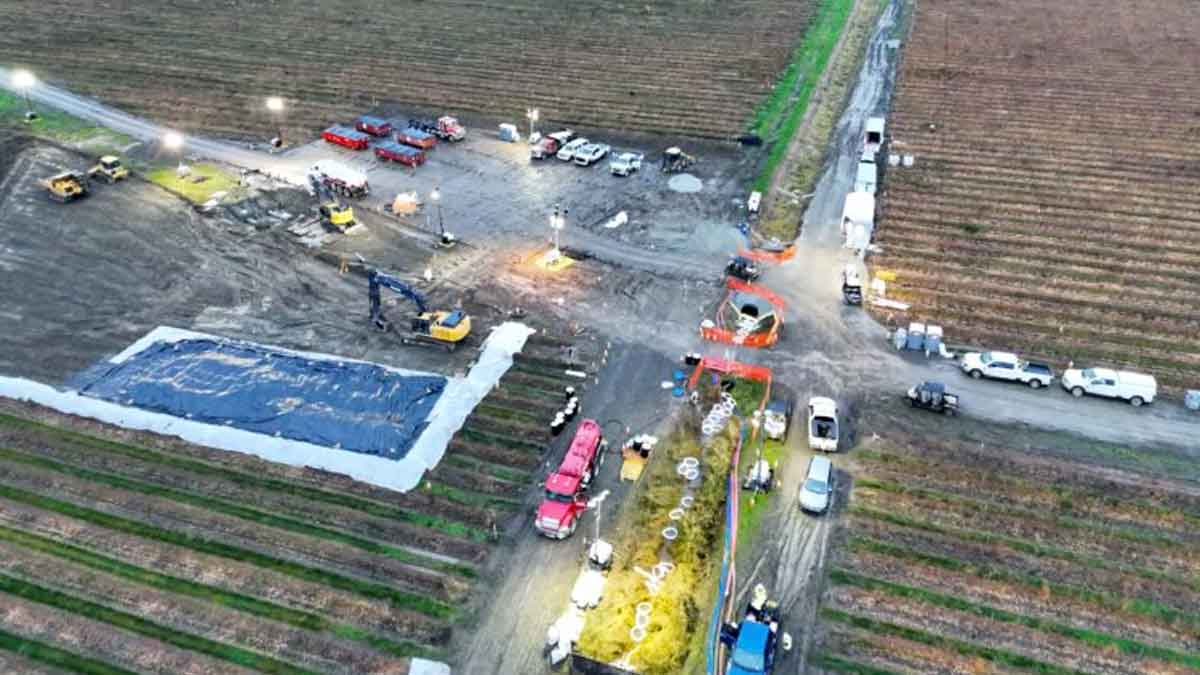 Drone view of BP repairing Olympic Pipeline in a Washington state blueberry field